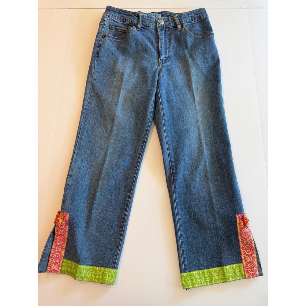 The Denim Tailor Womens 6P Blue‎ Embroidered Ribbon Trim Bow Crop Jeans Boho